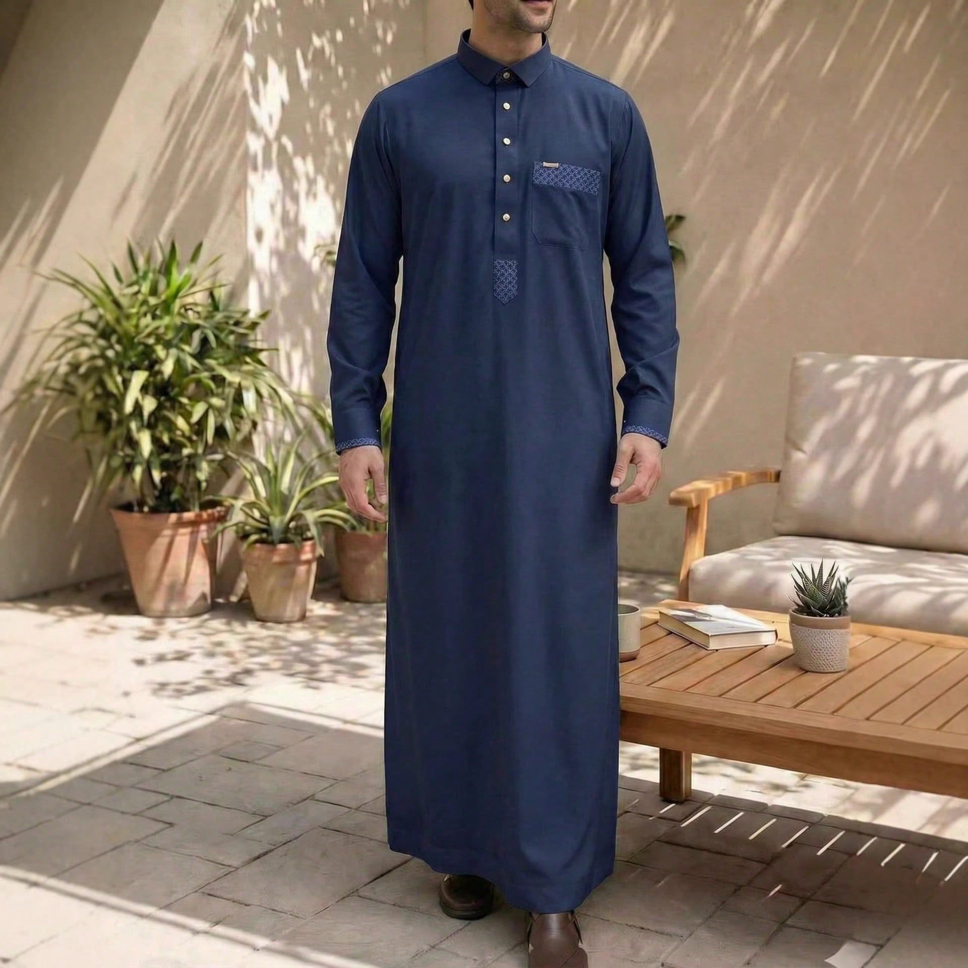 Robe longue à manches longues pour homme de style arabe, chemise à carreaux avec col et boutons décoratifs, vêtements de mode musulmane