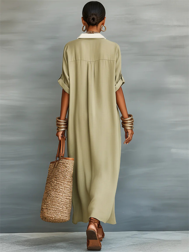 Robes décontractées confortables en coton et lin pour femmes, robe chemise maxi ample contrastante d'été, col rabattu, manches courtes