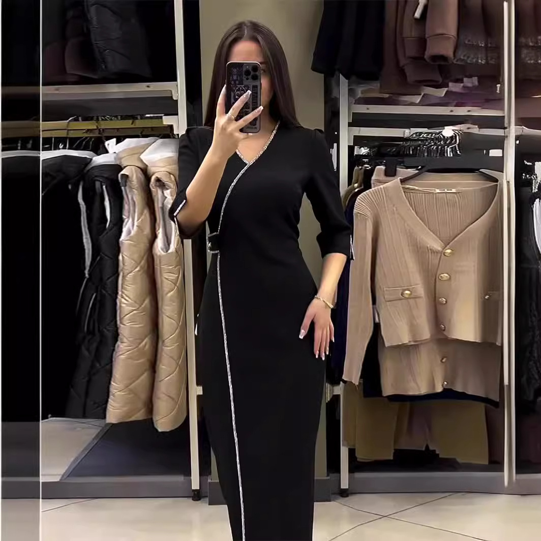 Robes longues pour femmes, été, élégantes, style Y2k, sexy, col en V, ornées de strass, coupe ajustée, fente, manches trois-quarts, robe longue été 2026