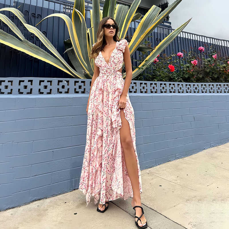 Robe longue à imprimé floral à volants, robe sexy, col en V profond, dos nu, coupe couvertes, vacances d'été