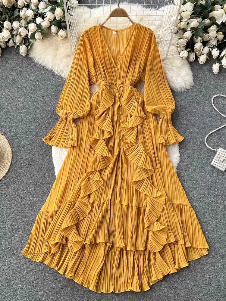 Robe longue plissée en mousseline de soie pour femme, col en V, dentelle, simple boutonnage, robe trapèze, vintage, élégante, plage, cuir chevelu