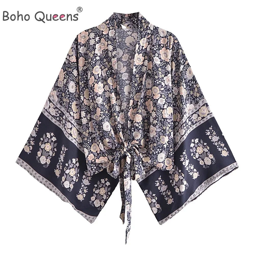 Boho Dinner ens Floral Robe Courte pour Femme, Kimono Cardigan, Maillots de Bain, Manches Chauve-Souris, Rayonne, Bohème Bikini Cover Ups, Beachwear, Mode