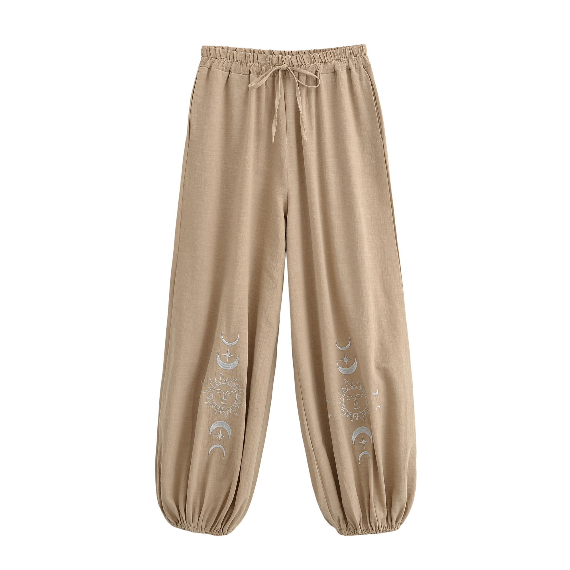 Boho Queens automne mode Happie femmes soleil lune broderie lin coton Baggy pantalon Bloomers poches latérales pantalon de Yoga ample