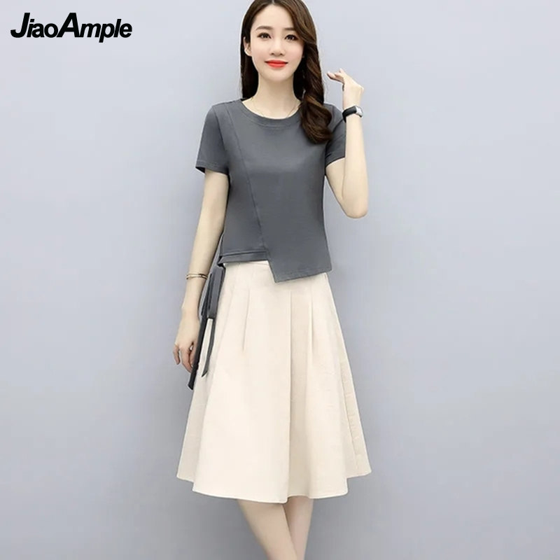 Ensemble t-shirt et jupe midi à manches courtes pour femmes, vêtements féminins élégants, mode coréenne, été, nouveau, 2025, 2 pièces
