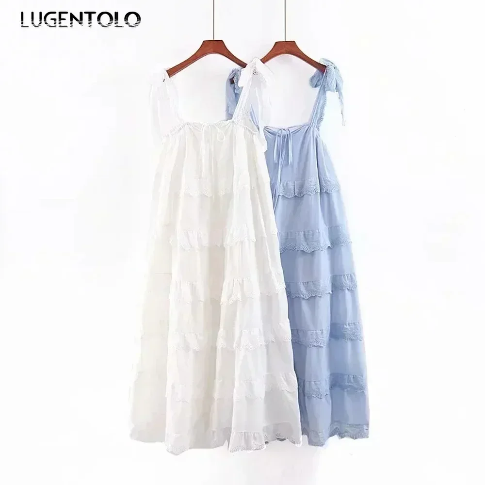 Robe longue femmes bohème gâteau couche grande balançoire solide sans manches volants Spaghetti sangle bretelles femmes robes Lugentolo