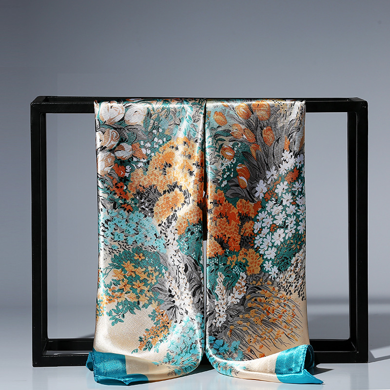 Foulard en Satin de soie pour femmes, 90cm, à la mode, bandeau imprimé Floral, Hijab, châles carrés pour le cou