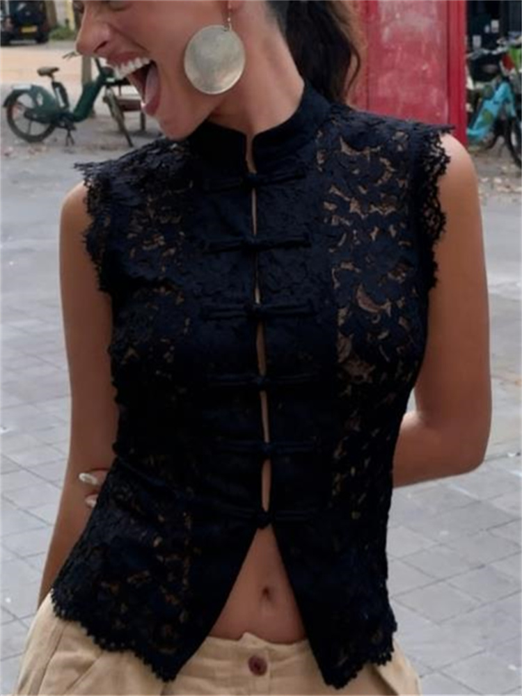 Gilet en dentelle sans manches sexy Y2K pour femmes, élégant, col haut, épaules dénudées, transparent, boutonné, hauts fins, veste de vacances pour femmes, veste de rue