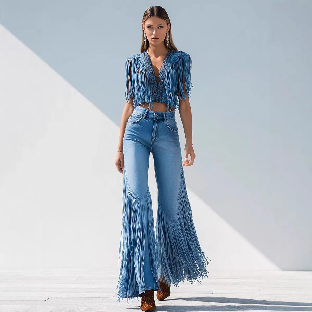 Jean en denim pour femme, bleu foncé uni, à franges, coupe ample asymétrique, style basique simple, mode américaine et européenne