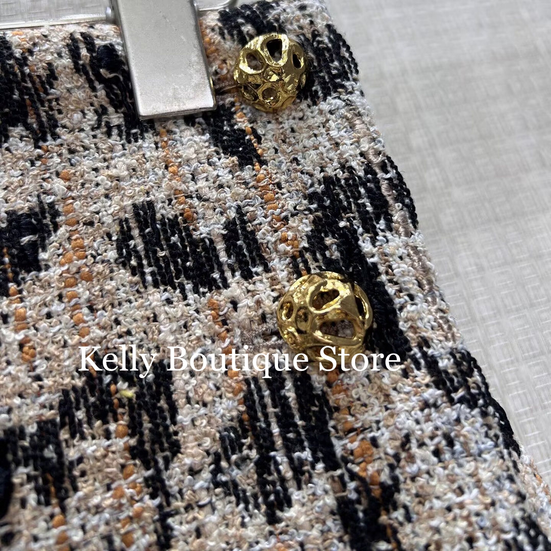 Jupe droite en tweed à motif léopard sauvage pour femme, taille haute, boutons dorés, décorée d'une chaîne, nouvelle collection automne-hiver rétro