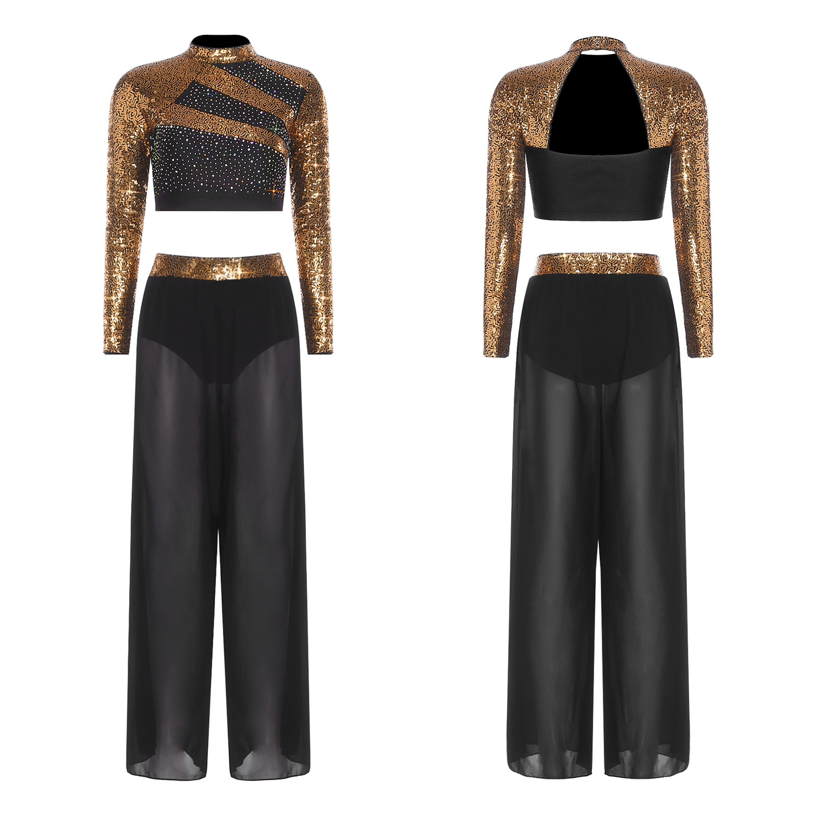 Tenues de danse lyrique 2 pièces pour femmes, costume de danse moderne, haut court à paillettes et strass avec pantalon en tulle à fente latérale, vêtements de danse