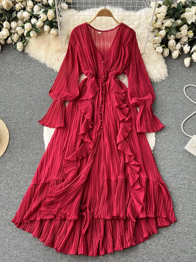 Robe longue plissée en mousseline de soie pour femme, col en V, dentelle, simple boutonnage, robe trapèze, vintage, élégante, plage, cuir chevelu
