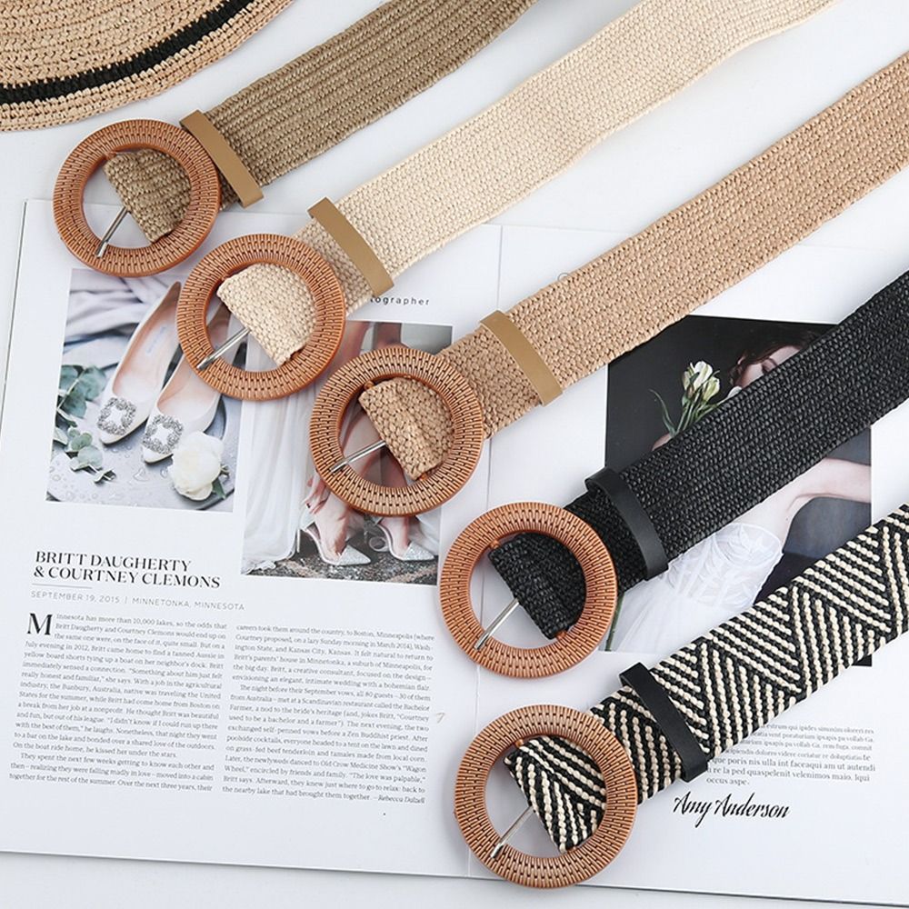 Ceinture d'été bohème pour femmes, élastique, en paille, tressée, large