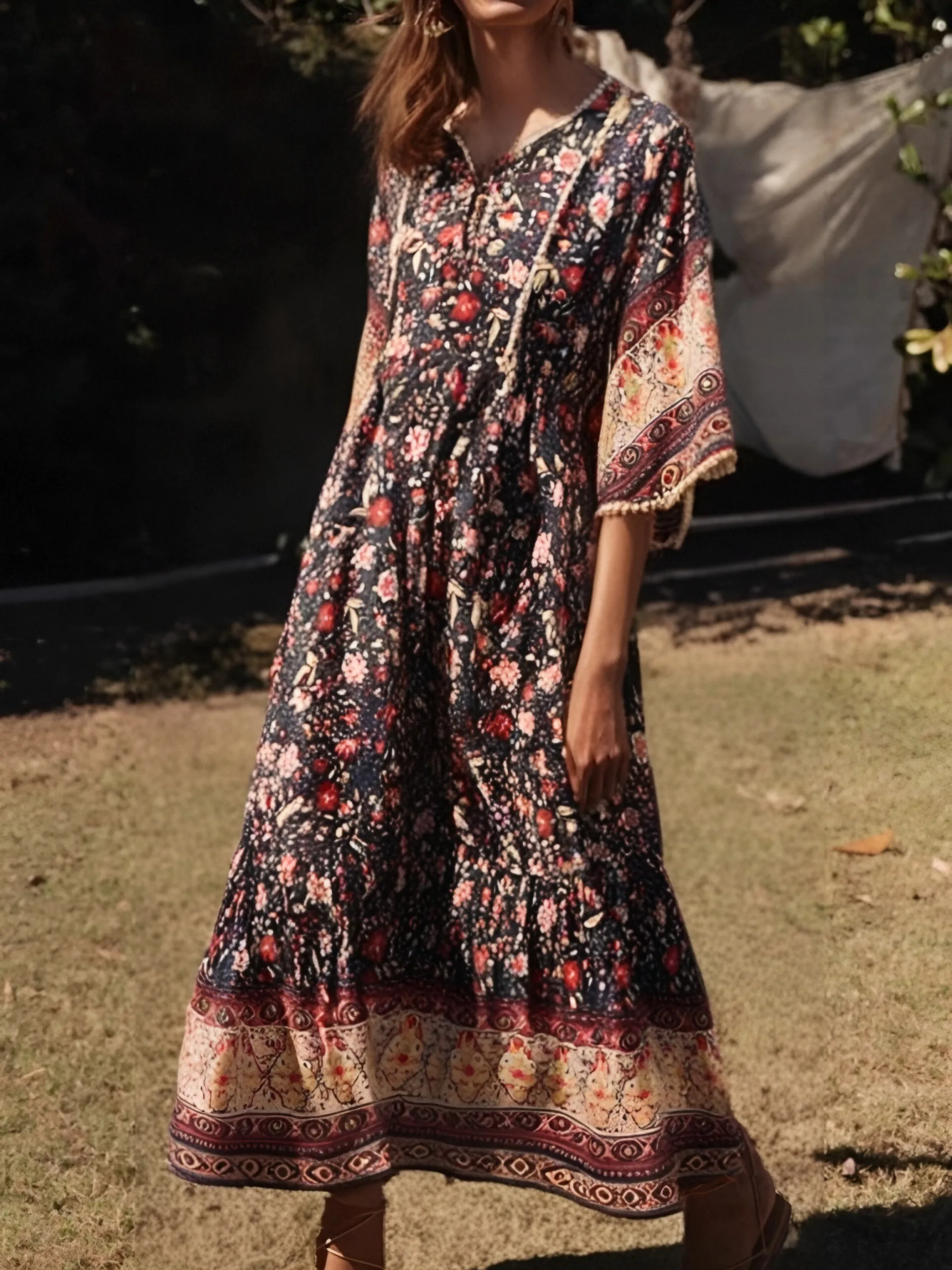 Robe maxi bohème à manches chauve-souris pour femmes, imprimé floral noir, robe de plage pour dames, robe éducative, dîner Boho, mode d'été