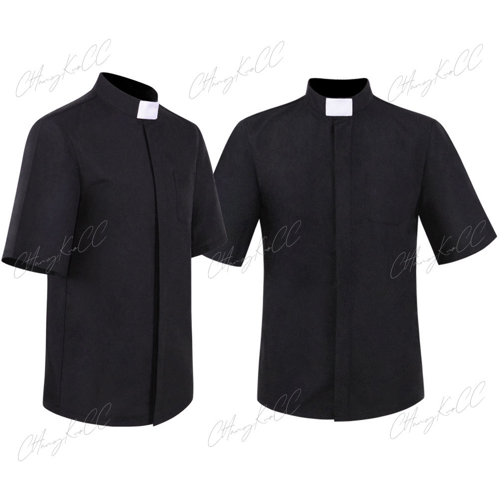 Chemise de Prêtre Pasteur Hommes Clergé Col à Onglet Montant Église Catholique Ministre Prédicateur Court Manches sulfY-Roman Blouse S-5XL