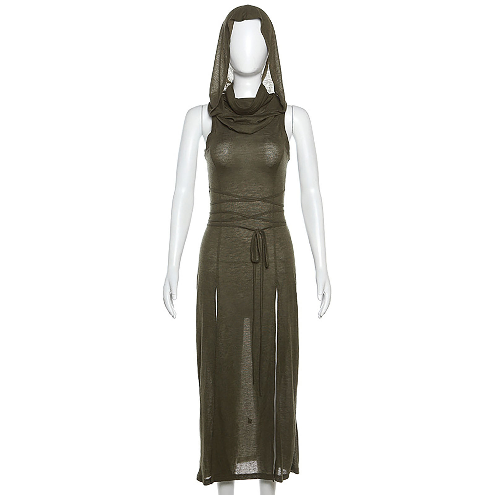 Robe à capuche gothique pour femme, Streetwear monochrome, Robe midi évidée, Cyber Y2k, Goth, Punk Grunge, Côté fendu sexy, Desert Walker