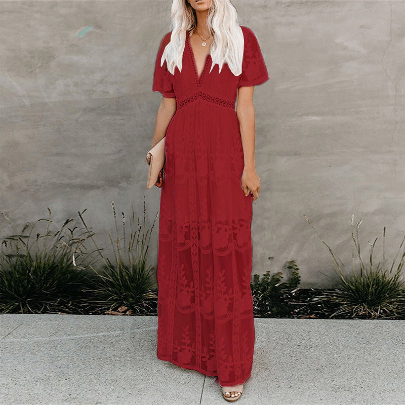 Robe longue en dentelle 2025, élégante, à taille décorée, manches courtes, col en V, couleur unie, nouvelle collection été, jupe tendance pour femmes.