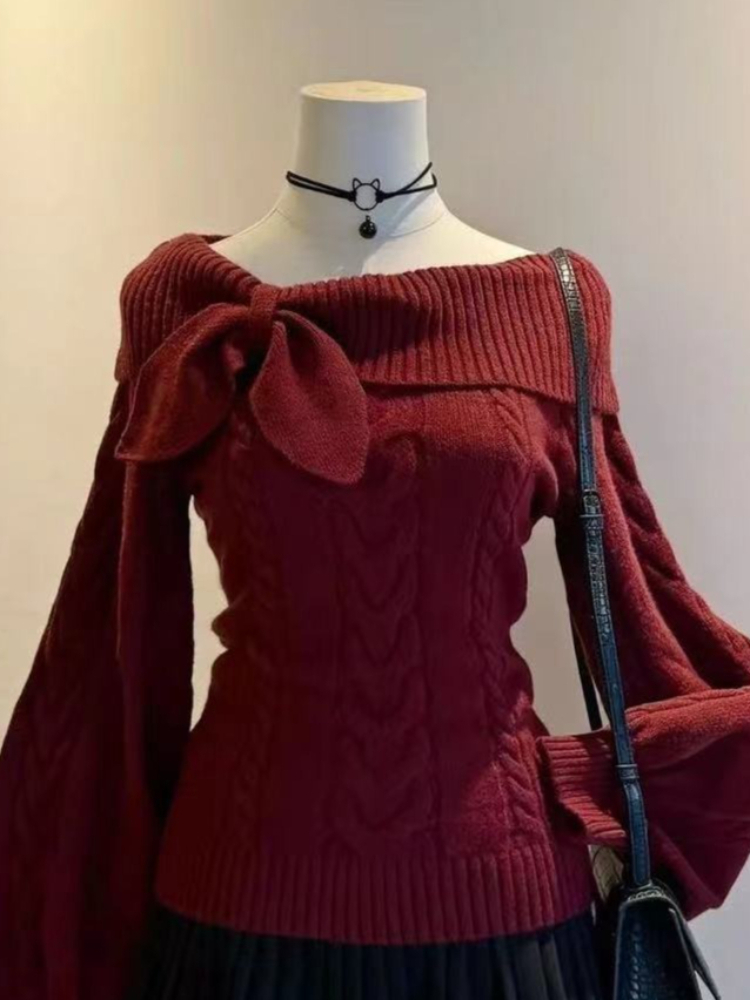 Pull en Patchwork pour femme, doux, Kawaii, mode japonaise, Vintage, fille chaude, hauts tricotés, Y2k, élégant, mignon, avec nœud, nouvelle collection hiver
