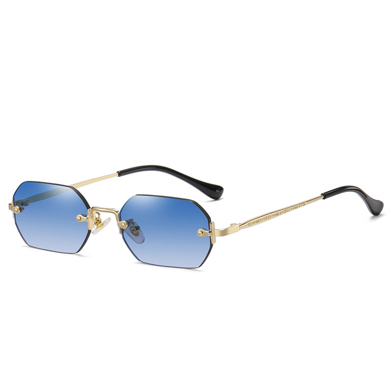 Lunettes de soleil unisexe légères à verres bleus 2026, sans monture, rectangulaires, polygones, monture dorée, UV400, anti-reflet, en acier inoxydable, dégradé, tendance