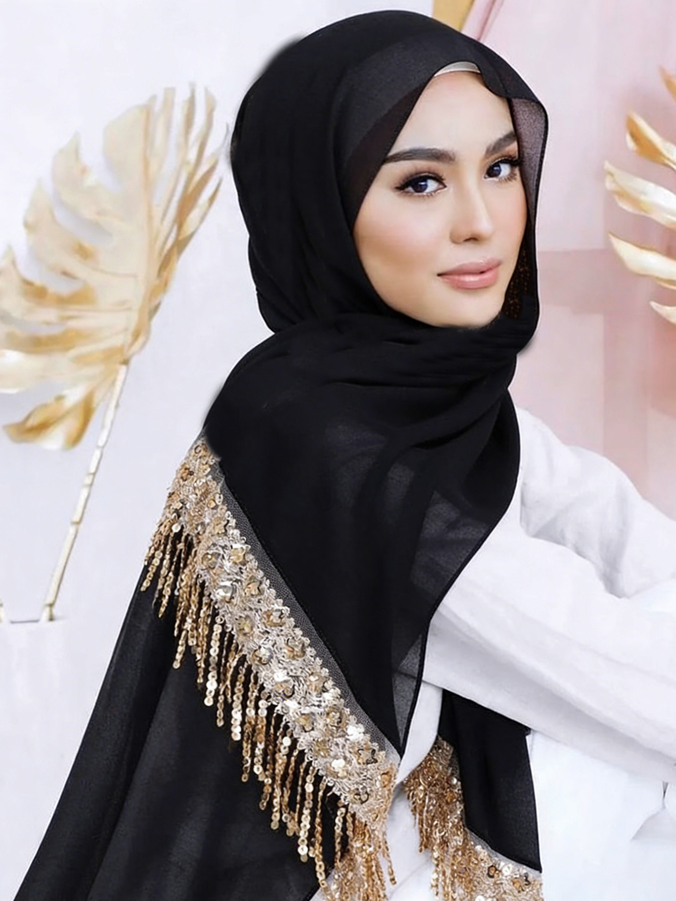 Châles en mousseline de luxe à sequins et pompons, hijabs, foulards longs unis pour femmes musulmanes, couvre-chefs pour mariage, Ramadan, Aïd