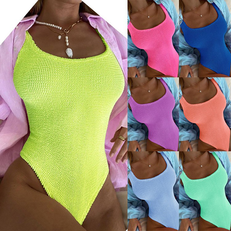 Été Chic moulante Bikini Sexy dos nu maillot de bain femmes solide mince une pièce maillot de bain couleur bonbon body décontracté vêtements de plage