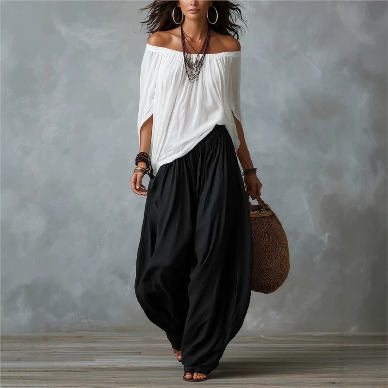 Ensemble deux pièces pour femmes, chemisier ample à épaules dénudées style bohème, pantalon large de style harem, tenue de vacances décontractée vintage pour femmes