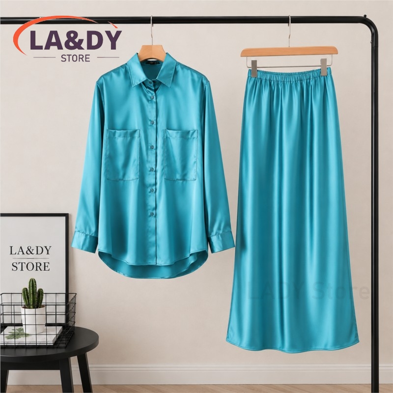 Ensemble chemise boutonnée élégante en satin et jupe midi pour femme, tenue deux pièces à manches longues pour le bureau ou les soirées