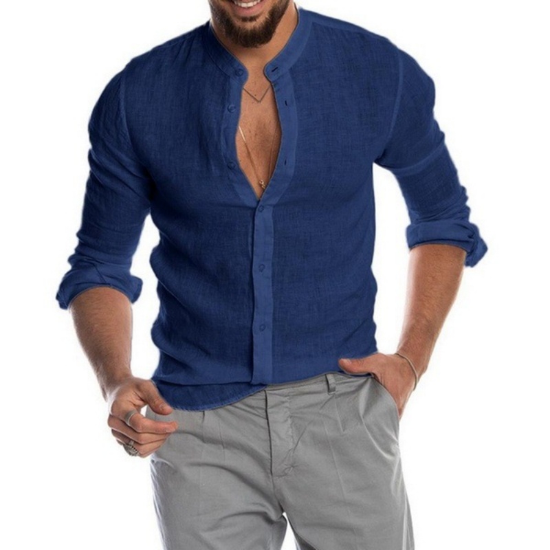 Chemise en lin à manches longues pour homme avec col mandarin et fermeture boutonnée pour un style décontracté estival