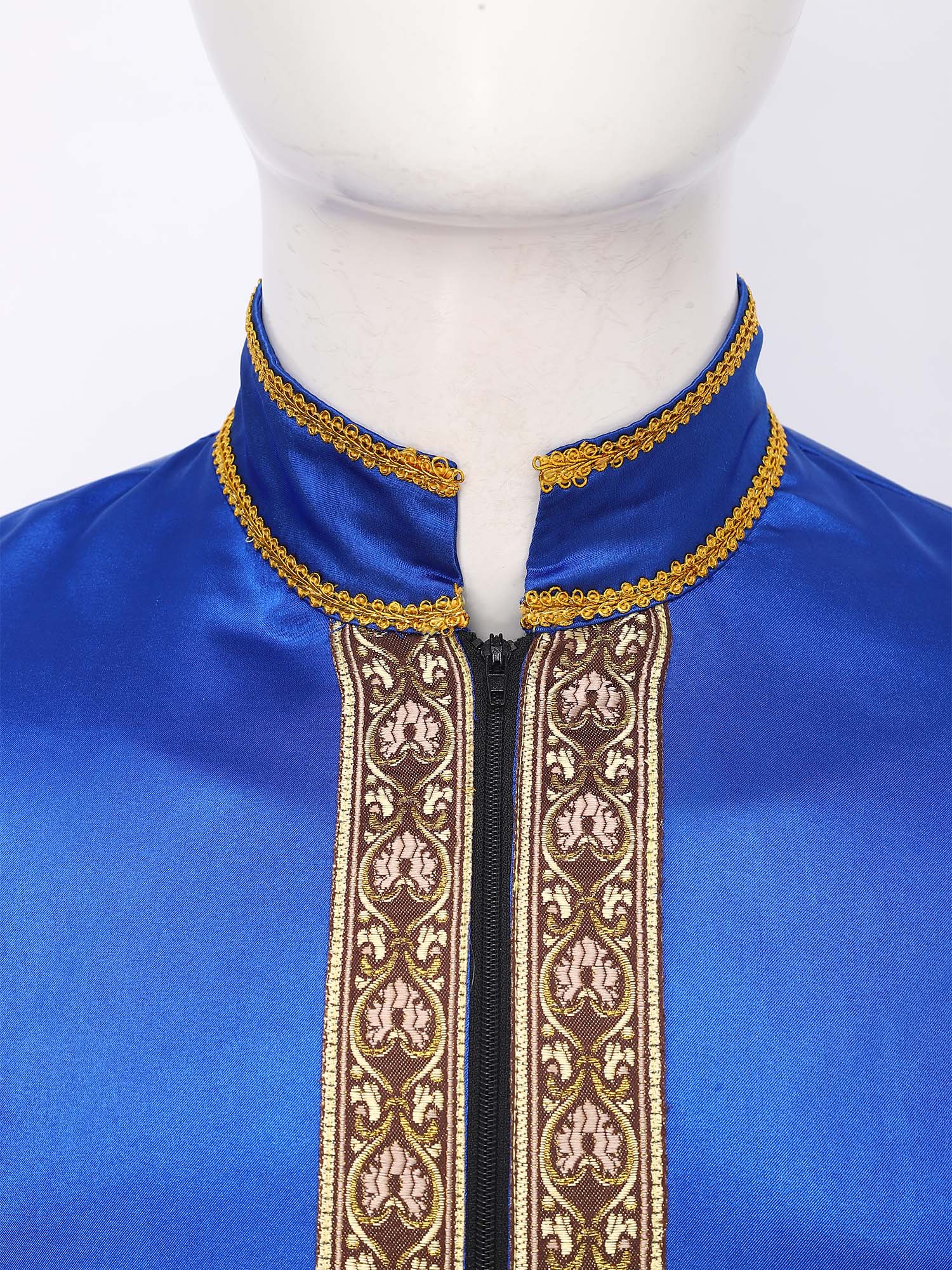 Robe musulmane islamique pour homme, en satin brillant avec bordure dorée, brocart, col montant, manches longues, fermeture éclair sur le devant, Kaftan Thobe, Abaya du Moyen-Orient, Arabie Saoudite