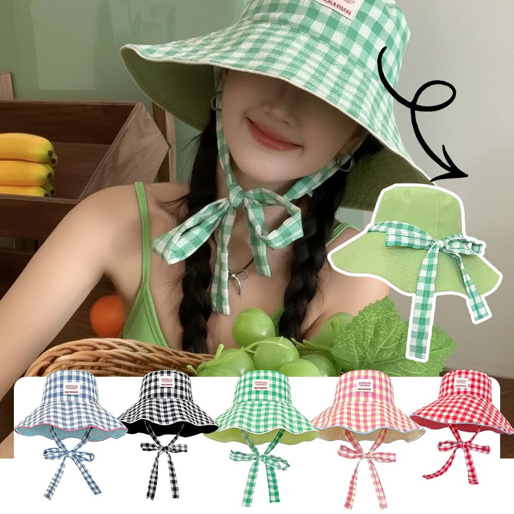 Chapeaux de soleil à large bord pour femmes, protection UV, avec sangle sous le menton, chapeau de plage à carreaux pastel mignon pour les voyages en plein air et le quotidien