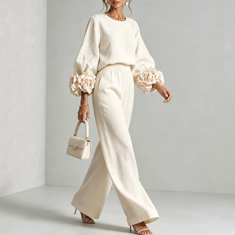Ensemble 2 pièces pour femme : Haut à col rond et manches longues bouffantes avec motif floral 3D + Pantalon large à taille élastique – Tenue élégante pour les fêtes, décontractée ou de bureau