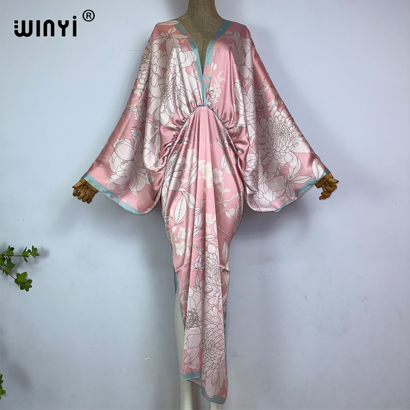 WINYI Nouvelle Robe d'Été à Fente Haute, Sexy et Élégante, Imprimée, pour Femmes, Kaftan Bohème à Manches Longues, Robe de Plage à la Mode pour Dames