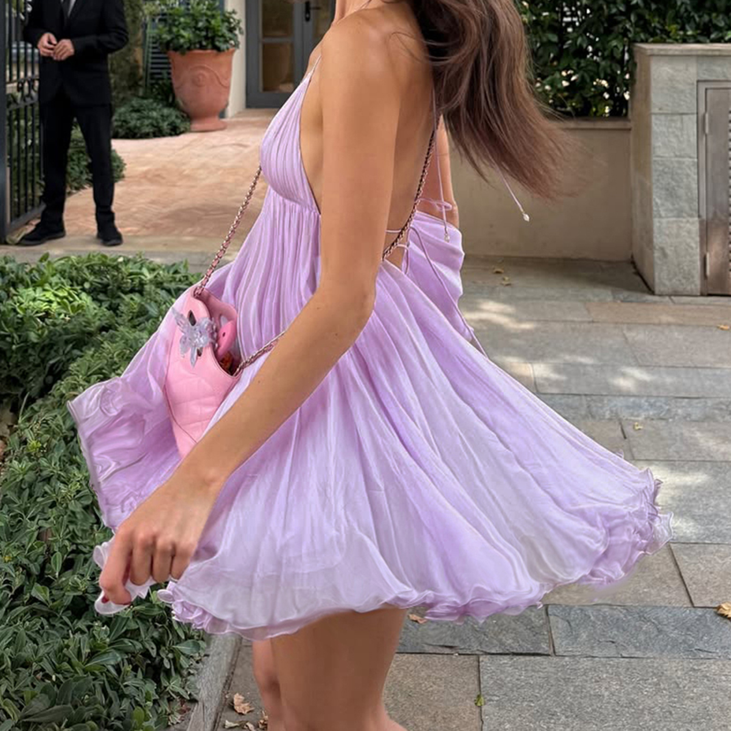 SUCHCUTE Robe d'été en mousseline de soie violette, dos nu, sans manches, élégante, sexy, col en V profond, coupe trapèze, mini-robe, tenue de plage pour les vacances d'été