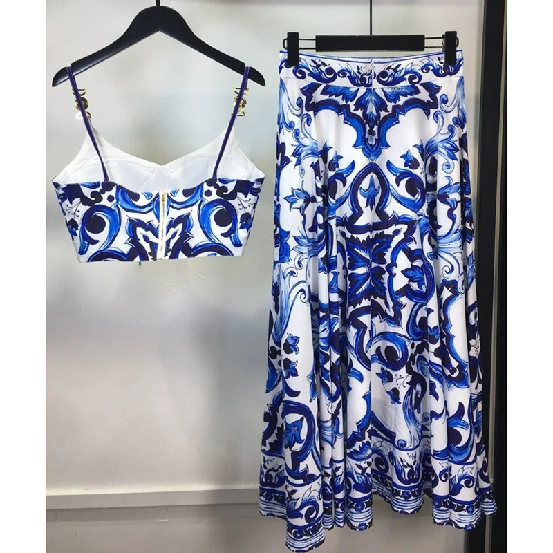 Ensemble deux pièces pour vacances à la plage, haut court à boutons dorés et jupe longue, imprimé bohème, à la mode, bretelles spaghetti, été