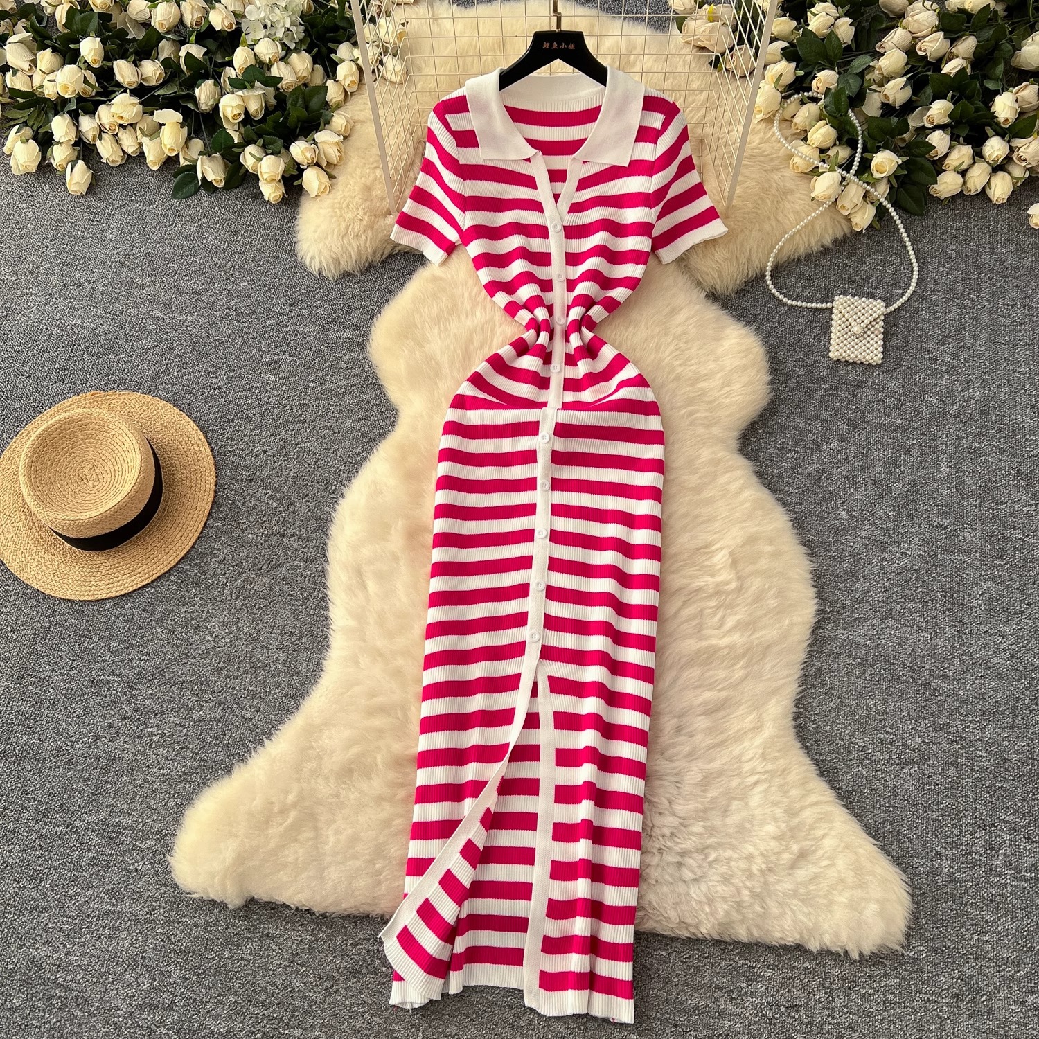 YuooMuoo Chic mode Sexy Wrap hanches tricoté Maxi robe 2026 été femmes simple boutonnage rayures robe pull Streetwear Robes