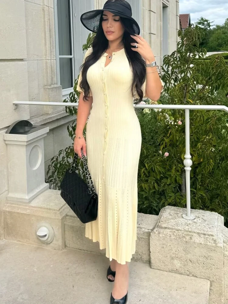 Robe longue tricotée pour femmes, élégante, col rond, décontractée, couleur unie, manches courtes, boutons, taille haute, mode féminine