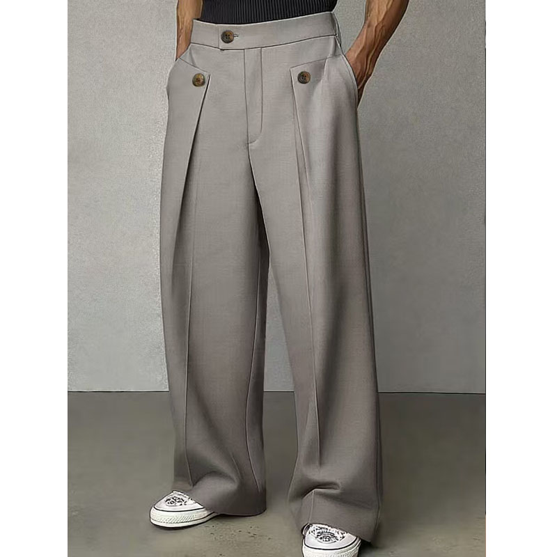 Pantalon de costume décontracté pour homme, mode printemps-automne, plusieurs boutons, taille haute, coupe droite ample, pantalon long uni pour affaires
