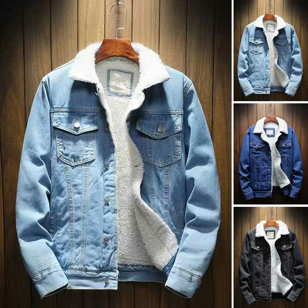 Veste en Jean épaisse pour hommes, doublure en cachemire d'agneau, couleur unie, résistant au froid, vêtements d'extérieur d'hiver, manteau en Denim à simple boutonnage, Streetwear