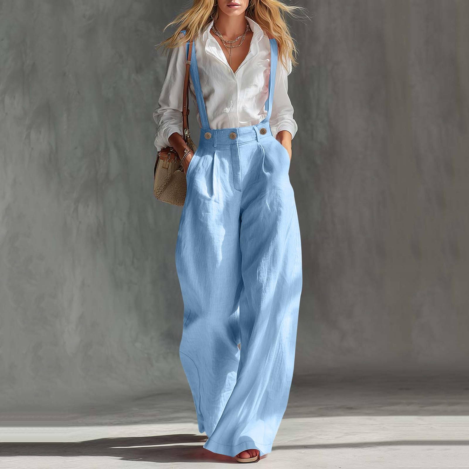 Pantalon décontracté à bretelles pour femmes, pantalon à jambes larges, taille haute, plissé, aspect lin, avec poches, pour le travail, les vacances et le quotidien