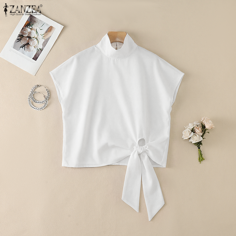 Chemisier d'été tendance 2026 ZANZEA – Chemise unie de bureau pour femme, col roulé, manches courtes, Blusas élégantes, hauts de vacances asymétriques à lacets