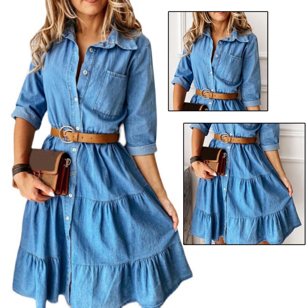 Robe en jean à manches trois-quarts avec ceinture, col rabattu, boutons et volants, pour femme, printemps-automne 2025