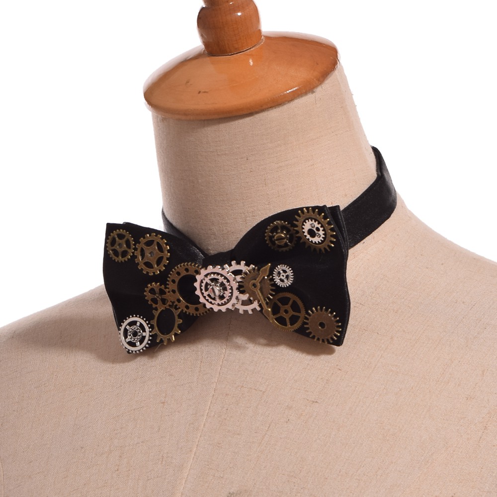 Noeud papillon Steampunk noir, accessoires de Costume unisexe Vintage victorien pour hommes, cravate Punk Gear