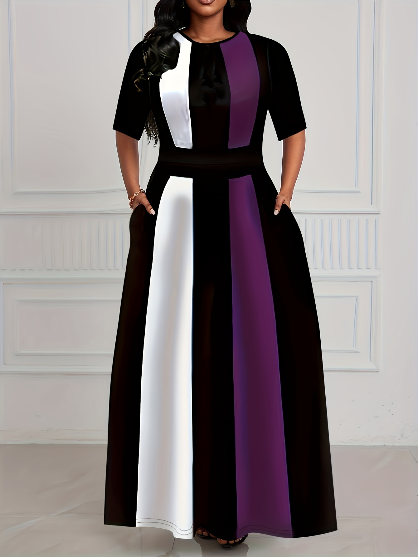 Robe femme printemps-été, coupe ajustée, style chic, pour le travail, avec contraste de couleurs.