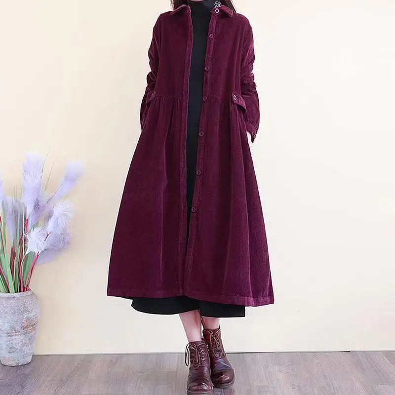 Coupe-vent en velours côtelé mi-long pour femme, manteau Amincissant, décontracté, automne, printemps, hiver, mode, 2024