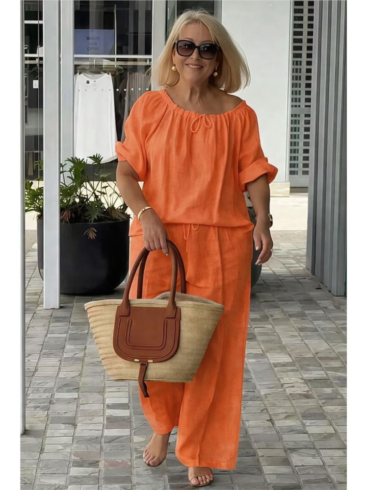 Ensemble décontracté 2 pièces pour femme, nouvelle collection printemps-été, haut ample à col rond avec cordon de serrage et pantalon, ensemble deux pièces