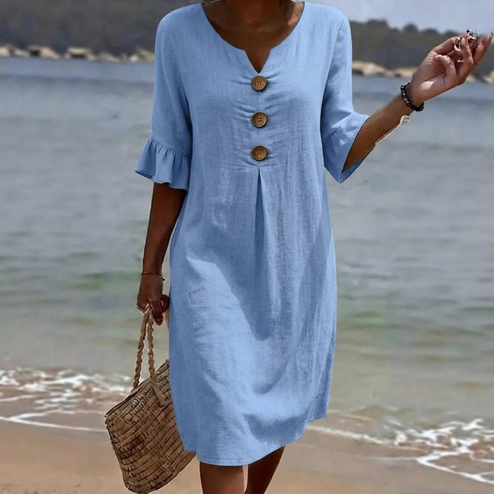 Robe d'été en coton et lin pour femme, robe sexy à col en V avec boutons, robe mi-longue à manches courtes à volants, robe de plage à col rond