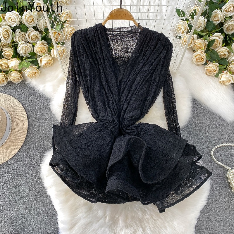 Ensemble de vêtements 2 pièces en dentelle pour femmes, chemises Sexy à manches longues, taille fine, à volants, sans manches, costume, tenues à la mode, vêtements coréens