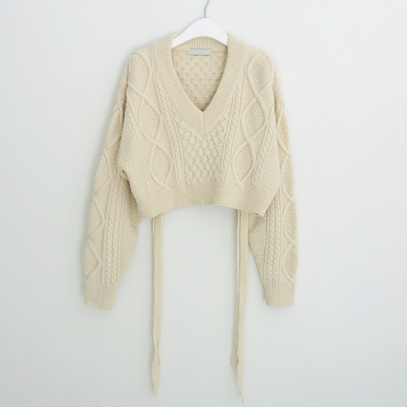 Pull en tricot décontracté japonais pour femmes, version coréenne, automne et hiver, nouveau style rétro, motif chanvre, col en V à nouer dans le dos.