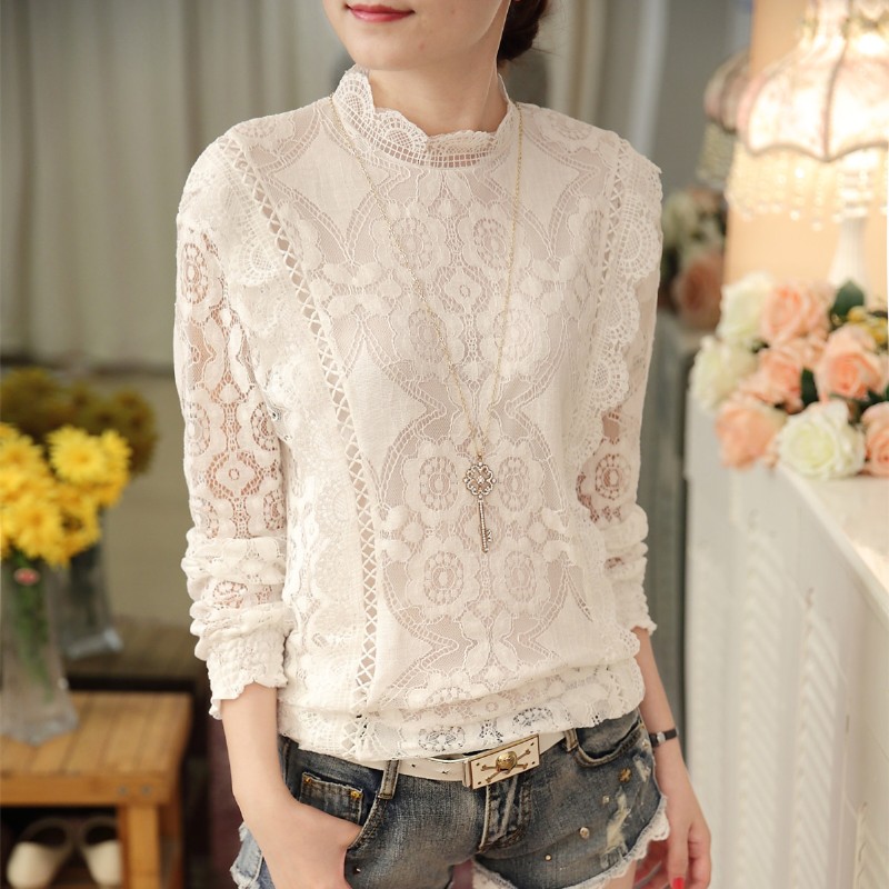 Nouveauté 2025 automne femmes Blouses à manches longues mode chemises en mousseline de soie décontractées Stand Blouses en dentelle florale décontracté hauts 07F 25