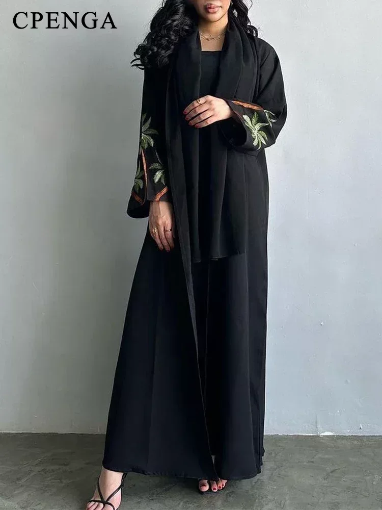 Robe musulmane noire de ramadan pour femmes, robe modeste, abaya unie ouverte, caftan marocain, broderie saoudienne et arabe, islam turc, Eid Ramadan