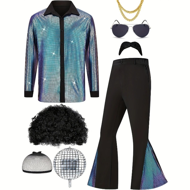 Costume d'halloween Hippie des années 70, pantalon à paillettes, chemise, hauts, bas de cloche, pantalon évasé pour hommes, tenue brillante de danse de chanteur Disco, nouvelle collection 2025